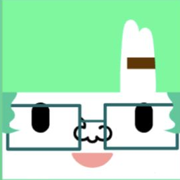 White avatar with blocky mint hair, teal square glasses, and an open cat-like smile