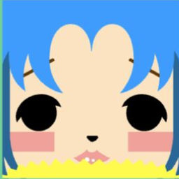 Peach avatar with heart-shaped blue bangs, black eyes, and pink block cheeks
