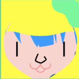 Pink avatar with a large yellow curl over blue bangs and a tiny cat mouth