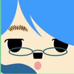 Avatar with side-swept blue hair, narrow teal glasses, long lashes, and a round mouth
