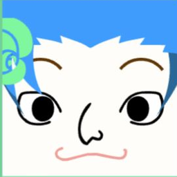White avatar with spiky blue hair, a mint spiral clip, and a wavy pink mouth