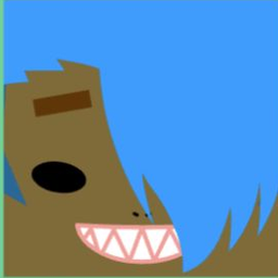 Dark avatar with blue hair covering one eye and a sharp triangular-tooth grin