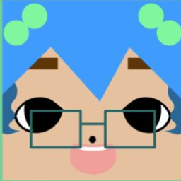 Tan avatar with heart-shaped blue bangs, green bubble clips, and square glasses