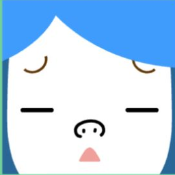 White avatar with blue side hair, closed line eyes, a pig nose, and a triangle mouth