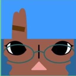 Dark avatar with blocky blue hair, round teal glasses, and a pink triangle nose