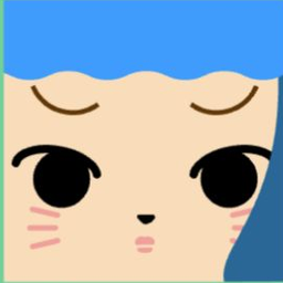Avatar with short scalloped blue hair, black eyes, striped cheeks, and tiny lips
