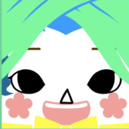 White avatar with crossed mint bangs, blue side hair, flower cheeks, and a wide smile