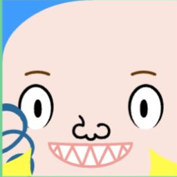 Pink avatar with pale blue hair, wide white eyes, a cat mouth, and a toothy grin