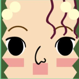 Avatar with a plum curl, cream bubble clips, black eyes, and pink block cheeks