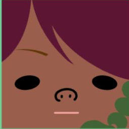 Brown avatar with dark plum side-swept hair, black eyes, a pig nose, and a flat mouth