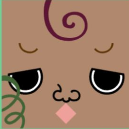 Tan avatar with a plum spiral curl, sleepy outlined eyes, and a diamond chin mark