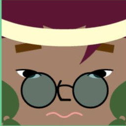 Brown avatar with a cream headband, plum side bang, round gray glasses, and a frown