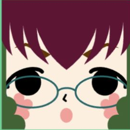 White avatar with jagged plum bangs, round teal glasses, pink blush, and a round mouth