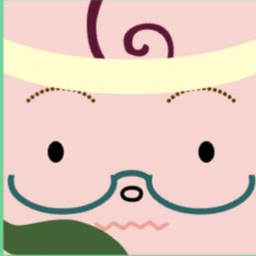 Pink avatar in a cream cap with a plum curl, dot eyes, and a teal curled mustache