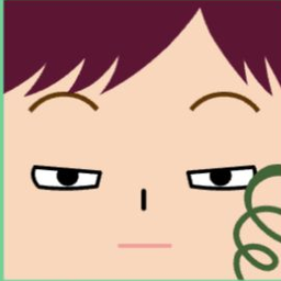 Peach avatar with diagonal plum hair, sideways eyes, and a mint spiral cheek mark