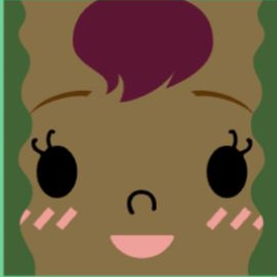Brown avatar with a plum bubble forelock, mint side curls, lashes, and a smile