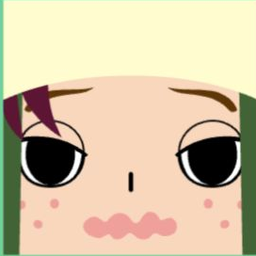 Pink avatar in a cream cap with plum side hair, large outlined eyes, and wavy lips