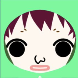 White avatar in a green hood with jagged plum bangs and huge round black eyes