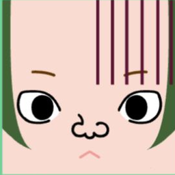 Pink avatar with vertical plum hair strands, large outlined eyes, and a small frown