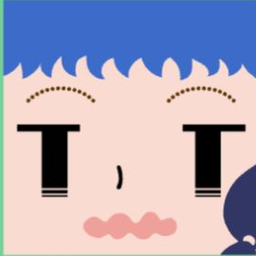 White avatar with a flat blue cap, tall black eyes, a blue side curl, and wavy lips
