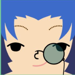 Avatar with blue cat-ear hair, one green monocle, long lashes, and a curled smile