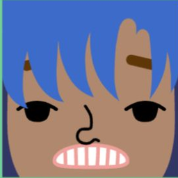 Brown avatar with side-swept blue hair, a pig nose, and clenched striped teeth