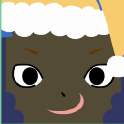 Dark avatar in a blue winter hat with white trim, wide eyes, and a pink smile