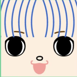 White avatar with striped blue bangs, huge round black eyes, and its tongue out