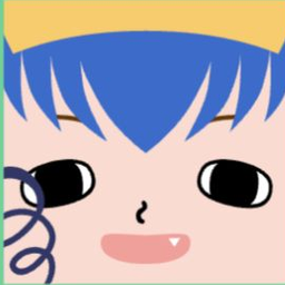 Pink avatar with pointed blue bangs, a peach cap, side curls, and a tiny fang