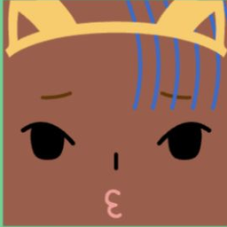 Brown avatar wearing cat ears with blue striped bangs and puckered pink lips