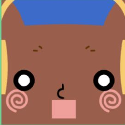 Brown avatar with orange cat ears, flat blue hair, spiral cheeks, and a square mouth