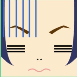 Avatar with striped blue bangs, closed line eyes, and a wavy pink frown