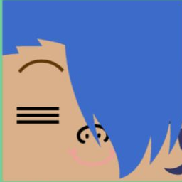 Tan avatar with blue hair covering one eye, a striped closed eye, and a tiny pig nose